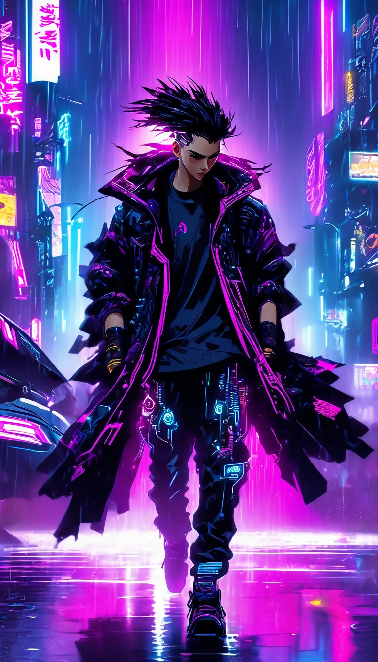 (Masterpiece, Best Quality, high resolution, 32k drive wallpaper, Extremely detailed CG:1), (weak illustration on stage:1.0), ((****ung handsome cyberpunk:1.5 dancing in the rain:1.7 )),(( cyberpunk night city:1.4)), neon signs futuristic cars,dark place rain, ((wet clothes magenta neon lights perfectly illuminating the young man:1.45) . 32k