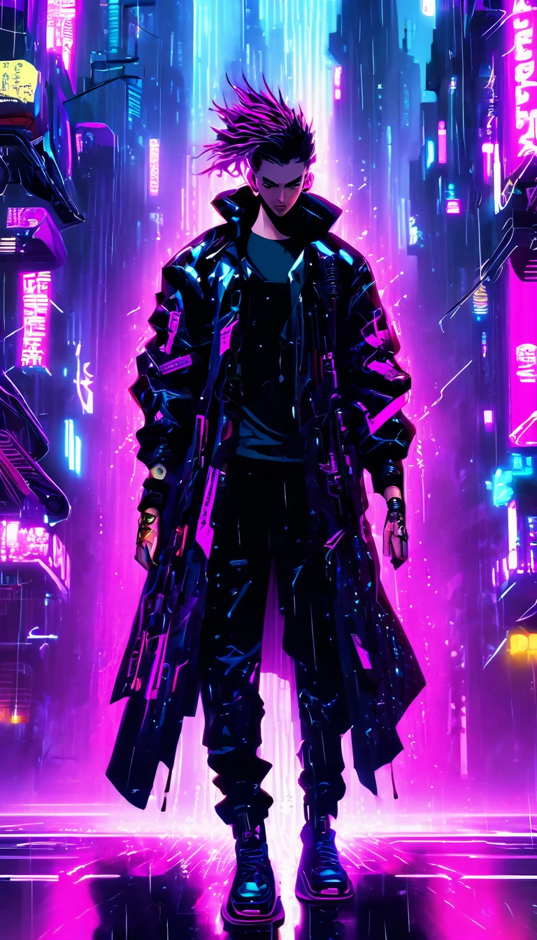 (Masterpiece, Best Quality, high resolution, 32k drive wallpaper, Extremely detailed CG:1), (weak illustration on stage:1.0), ((1 young handsome cyberpunk:1.5 dancing in the rain:1.7 )),(( cyberpunk night city:1.4)), neon signs futuristic cars,dark place rain, ((wet clothes magenta neon lights perfectly illuminating the young man:1.45) . 32k