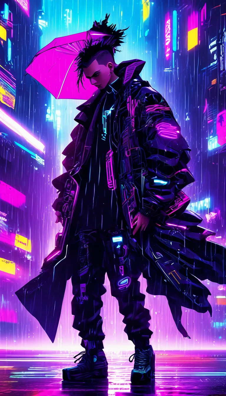 (Masterpiece, Best Quality, high resolution, 32k drive wallpaper, Extremely detailed CG:1), (weak illustration on stage:1.0), ((1 young handsome cyberpunk:1.5 dancing in the rain:1.7 )),(( cyberpunk night city:1.4)), neon signs futuristic cars,dark place rain, ((wet clothes magenta neon lights perfectly illuminating the young man:1.45) . 32k