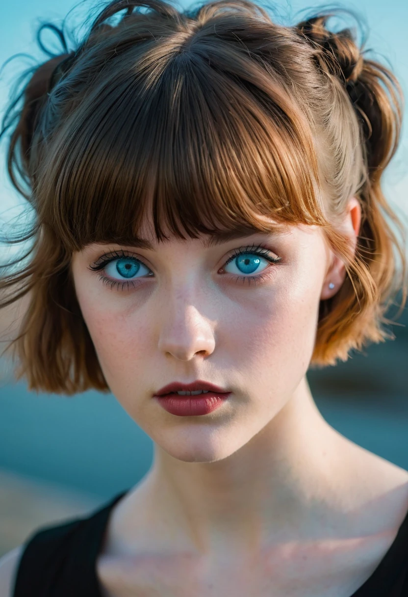 a young half Irish and half English girl, short 80s wavey hair & bangs, sky blue eyes, modern retro picture aesthetic, looks like she is bravely posing for the camera, The colors are masterfully captured by Nikon D850 and a Nikon AF-S NIKKOR 70-200mm f/2.8E FL ED VR lens, modern style, powerful woman image, dark gothic clothes, without makeup, pale skin, harsh facial features, black lipstick, 18 year old girl, black eye shadow, round face,