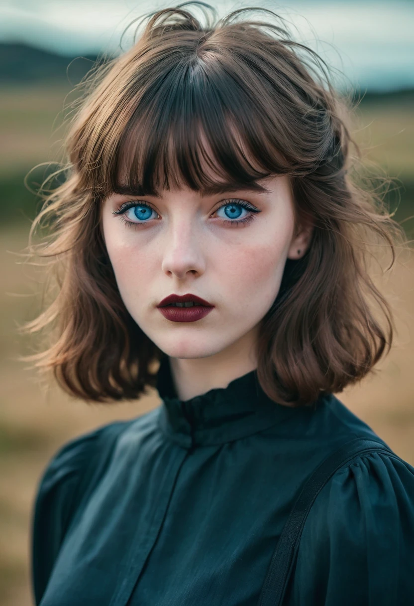 a young half Irish and half English girl, short 80s wavey hair & bangs, sky blue eyes, modern retro picture aesthetic, looks like she is bravely posing for the camera, The colors are masterfully captured by Nikon D850 and a Nikon AF-S NIKKOR 70-200mm f/2.8E FL ED VR lens, modern style, powerful woman image, dark gothic clothes, without makeup, pale skin, harsh facial features,  black lipstick, 18 year old girl, black eye shadow, round face,