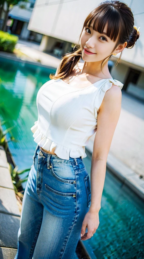 (top-quality、hight resolution、masutepiece、Photorealsitic:1.4)、女の子1人、Japan pretty women、Tight white camisole、Tight denim pants、(huge-breasted:1.2)、full body Esbian