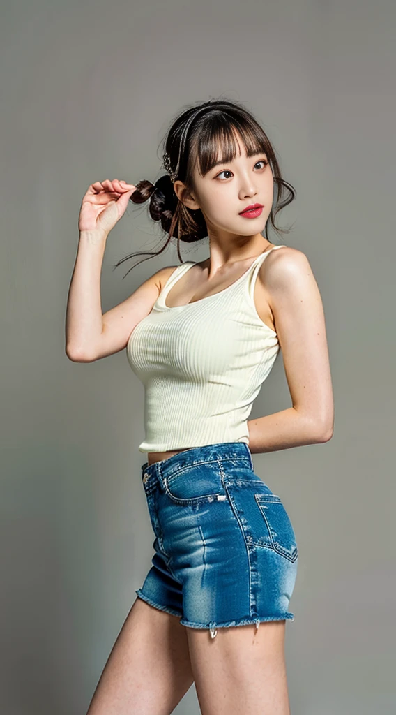 (top-quality、hight resolution、masutepiece、Photorealsitic:1.4)、女の子1人、Japan pretty women、Tight white camisole、Tight denim pants、(huge-breasted:1.2)、full body Esbian