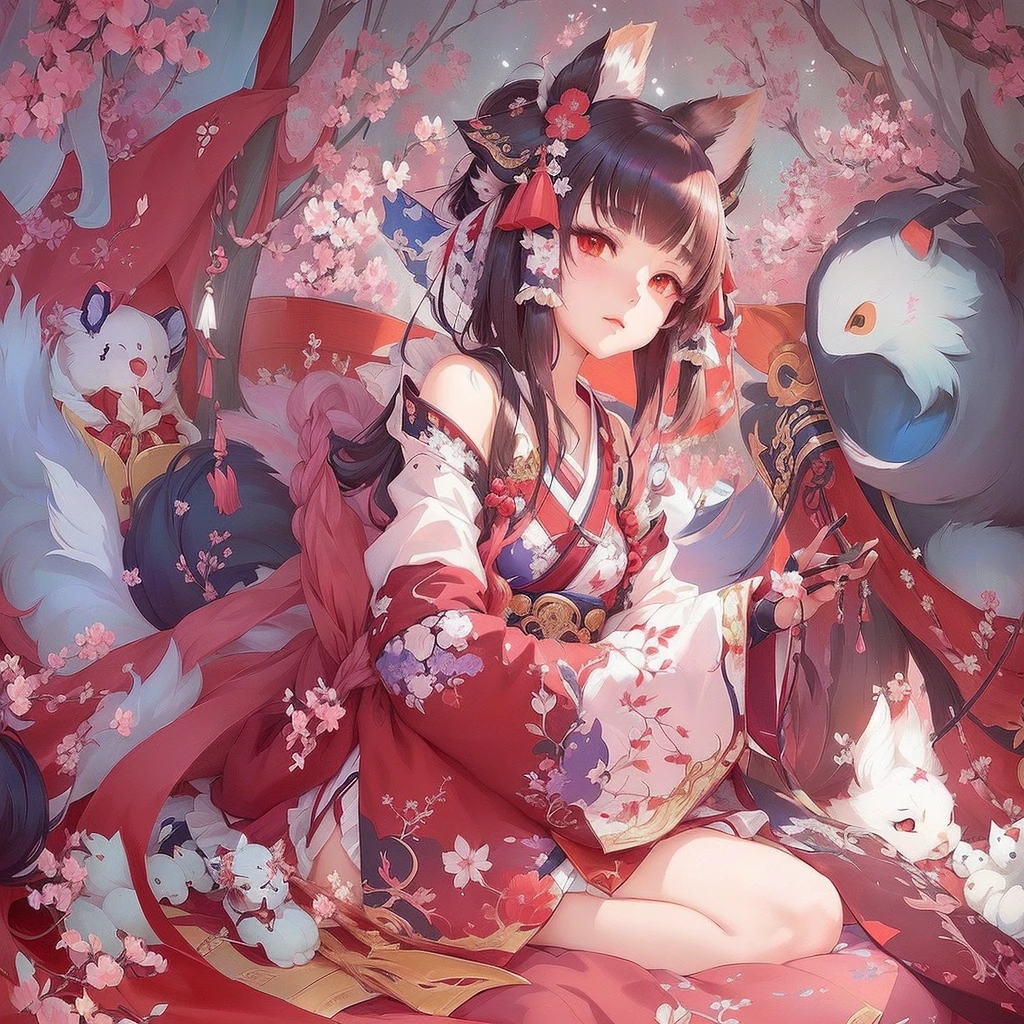 anime girl sitting on a bed with a bunch of stuffed animals, The Detailed Art of the Onmyoji, onmyoji, Anime fantasy illustration, Anime fantasy artwork, Beautiful anime artwork, Zerochan Art, Artistic rendering of Reimu Hakurei, Pixiv contest winner, Pixiv, Beautiful artwork illustration, Beautiful fantasy anime, digital art on Pixiv, Beautiful anime art
