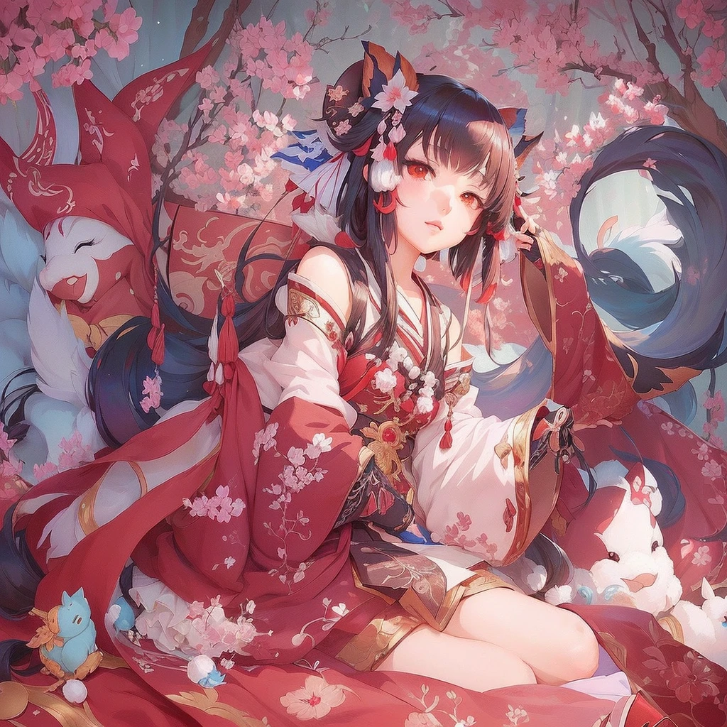 anime girl sitting on a bed with a bunch of stuffed animals, The Detailed Art of the Onmyoji, onmyoji, Anime fantasy illustration, Anime fantasy artwork, Beautiful anime artwork, Zerochan Art, Artistic rendering of Reimu Hakurei, Pixiv contest winner, Pixiv, Beautiful artwork illustration, Beautiful fantasy anime, digital art on Pixiv, Beautiful anime art