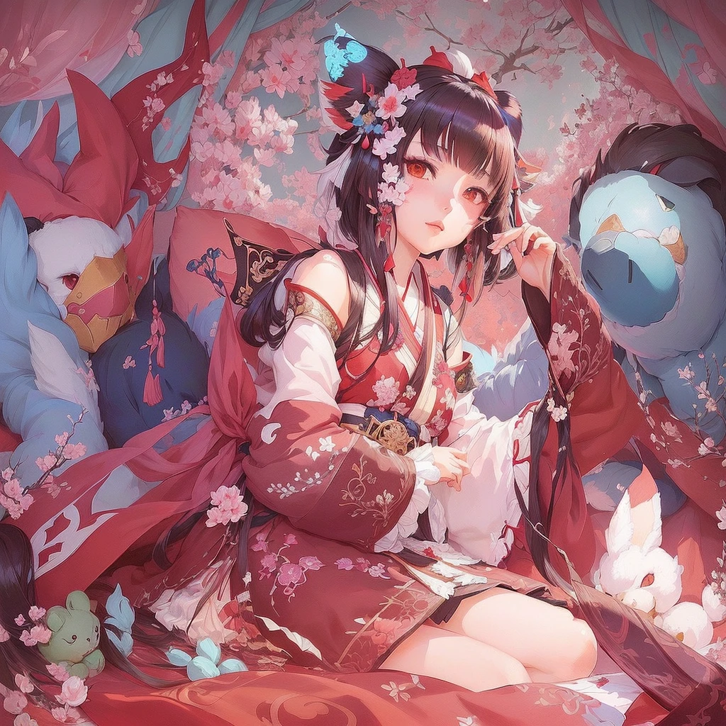 anime girl sitting on a bed with a bunch of stuffed animals, The Detailed Art of the Onmyoji, onmyoji, Anime fantasy illustration, Anime fantasy artwork, Beautiful anime artwork, Zerochan Art, Artistic rendering of Reimu Hakurei, Pixiv contest winner, Pixiv, Beautiful artwork illustration, Beautiful fantasy anime, digital art on Pixiv, Beautiful anime art