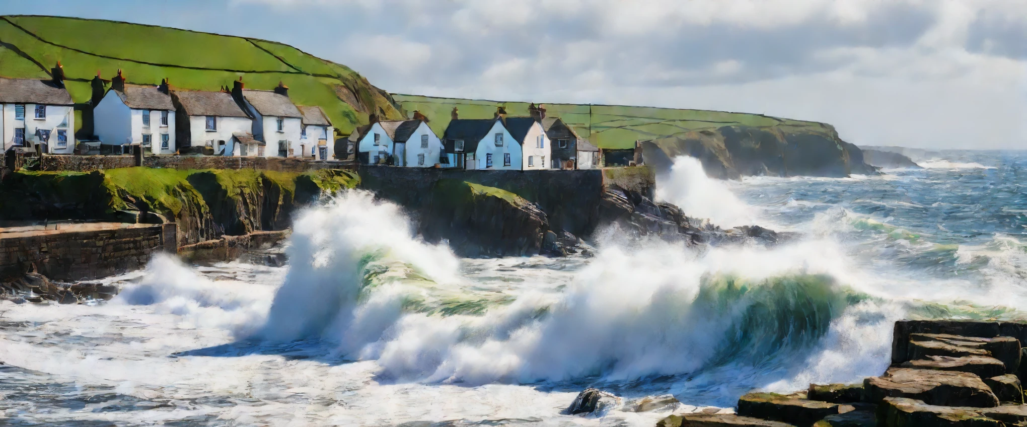 A beautiful old English fishing village with giant waves crashing over the sea wall