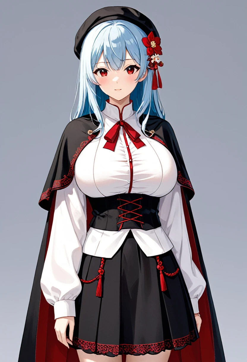My name is Yukiko.I am a white test woman with long Sky blue hair,red eye color.I am 1.62 cm tall . Dressed in an embroidered linen shirt, a jerkin with a brocade front that adjusts with cord, a linen petticoat decorated with black wool embroidery, a black cloth skirt with red trim at the bottom, a rectangular-shaped linen cap and a black cloth cape. edged with white piping. with huge breasts measure 200 cm,waist 40 cm and my hips 200