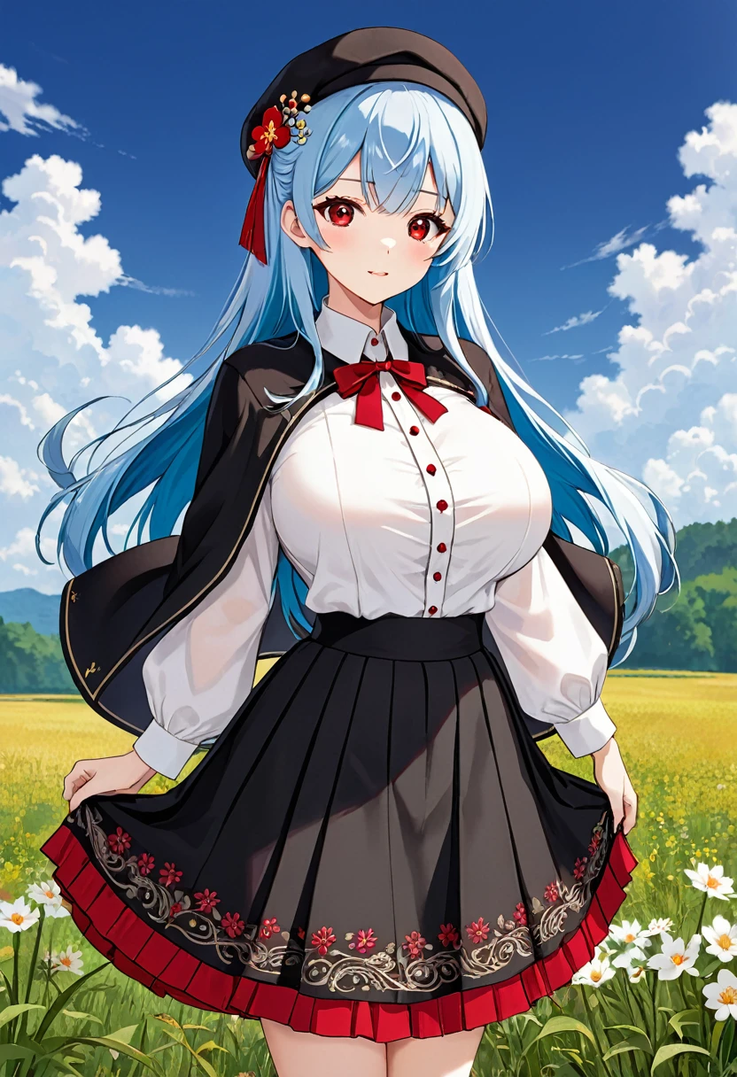 My name is Yukiko.I am a white test woman with long Sky blue hair,red eye color.I am 1.62 cm tall . Dressed in an embroidered linen shirt, a jerkin with a brocade front that adjusts with cord, a linen petticoat decorated with black wool embroidery, a black cloth skirt with red trim at the bottom, a rectangular-shaped linen cap and a black cloth cape. edged with white piping. with huge breasts measure 200 cm,waist 40 cm and my hips 200 