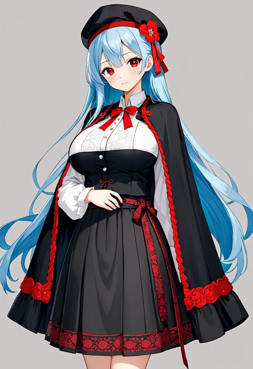 My name is Yukiko.I am a white test woman with long Sky blue hair,red eye color.I am 1.62 cm tall . Dressed in an embroidered linen shirt, a jerkin with a brocade front that adjusts with cord, a linen petticoat decorated with black wool embroidery, a black cloth skirt with red trim at the bottom, a rectangular-shaped linen cap and a black cloth cape. edged with white piping. with huge breasts measure 200 cm,waist 40 cm and my hips 200