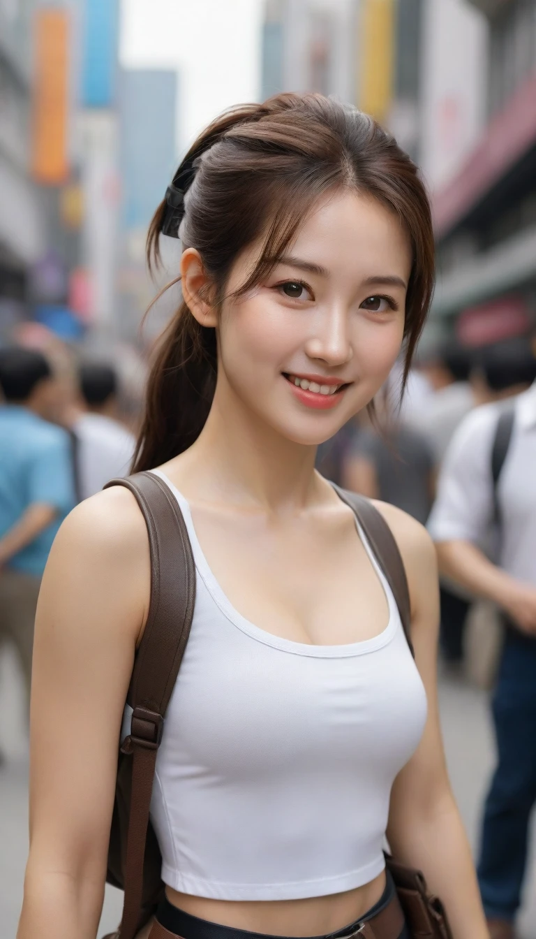 beautiful korean woman, Bust size 34 inches, high ponytail , smile a little, Wearing a Lara Croft outfit , In a crowded city, UHD
