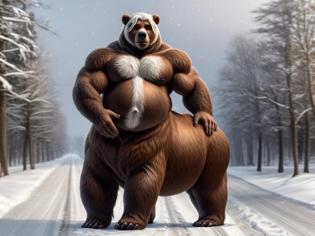 furry, fur taur, beartaur, middle-age, solo, detailed face, bear ears, bear eyes(brown), bear nose(black), bear mouth, garibaldi beard(white), mature hair(white), detailed arms, thick arms, muscular, thick hands(5 fingers), detailed body belly, thick body, muscle belly(white), thick chest, chest hair(black), detailed taur body, thick taur body, thick bear paws, thick bear tail, full body shot, winter, snow, standing on the street road
