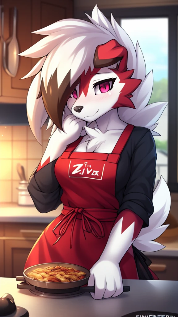 By zinfyu,by twistedscarlet60, uploaded on pixiv, by fluff-kevlar, (masterpiece), (best quality), (solo female:1.2), (extremely detailed:1.3),(detailed eye,black circle on eye,pink eye), lycanroc midnight, view on viewer, close view, shy face, half body on potrait, only body and head, close view, wearing cooking apron,in kitchen, serving food, (tail:1.1), closeup photo of lycanroc, adult body posture