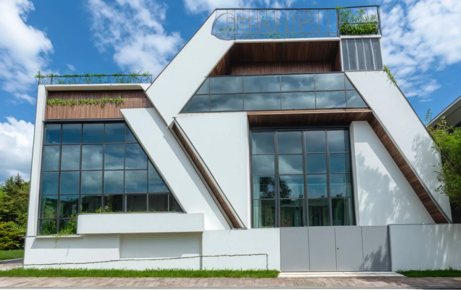 Masterpiece, high quality, best quality, authentic, super detail, outdoors, house style modern,bietthuhn, white wall, glass windows, gate road,pavement, grass, trees,blue sky, cloud, (day:1.1), realistic lighting