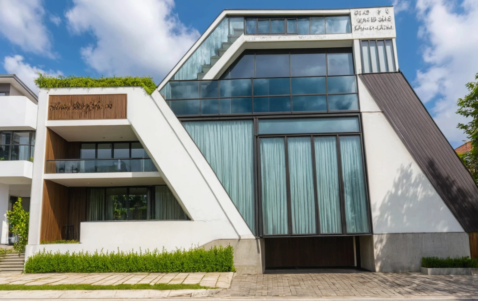 Masterpiece, high quality, best quality, authentic, super detail, outdoors, house style modern,bietthuhn, white wall, glass windows, gate road,pavement, grass, trees,blue sky, cloud, (day:1.1), realistic lighting