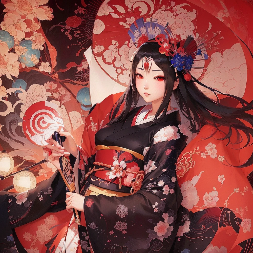 Anime girl in kimono holding folding fan and uchiwa fan, onmyoji, The Detailed Art of the Onmyoji, onmyoji portrait, Zerochan Art, pixiv Contest Winner, feudal japan art, Anime illustration, Digital art on pixiv, Beautiful anime art, Japanese art style, Anime style digital art, Anime fantasy illustration