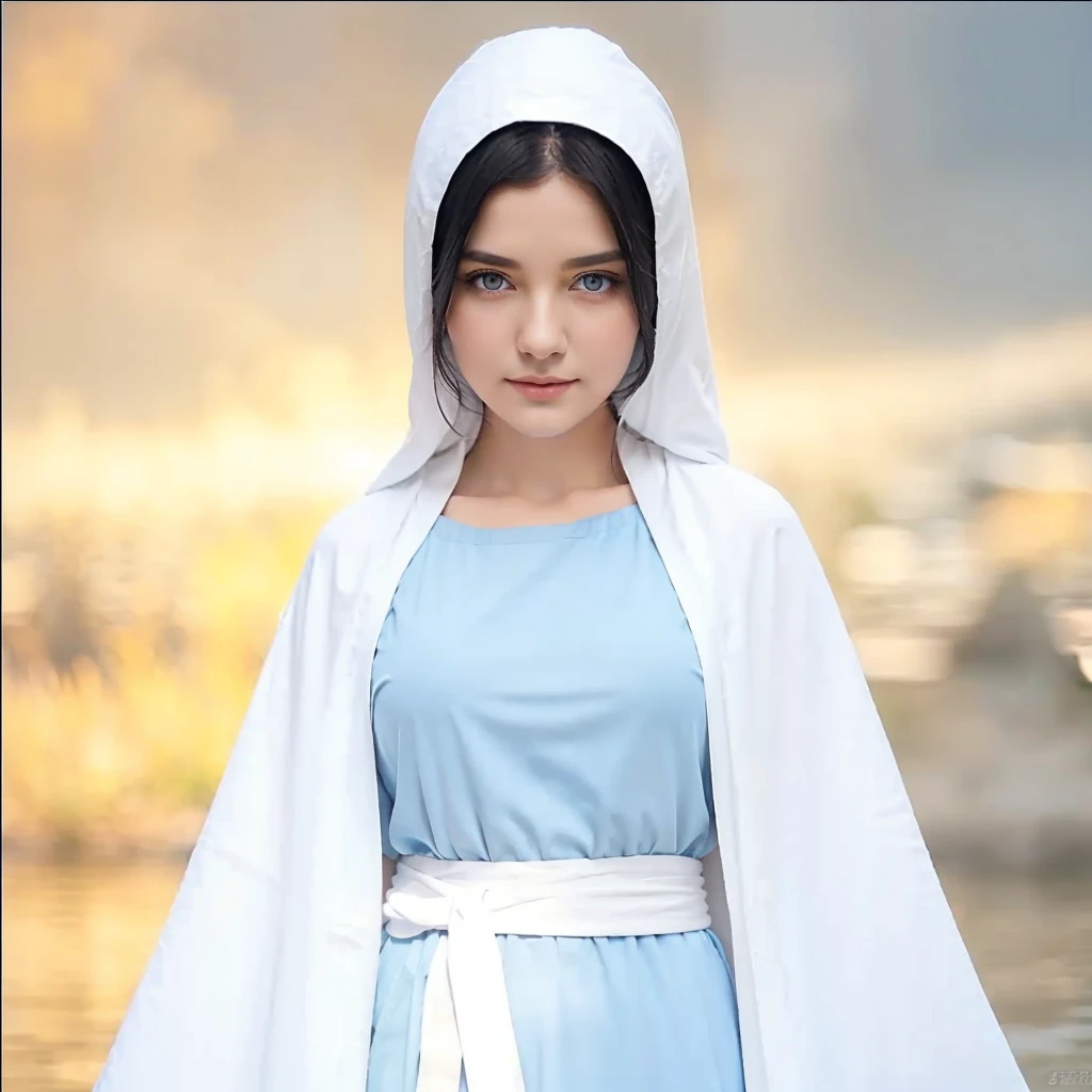 Beautiful woman with light blue eyes, black hair, serene face with a slight smile, wears a white cloak, wears a gray tunic with wide, long sleeves adjusted at the waist by a white sash.