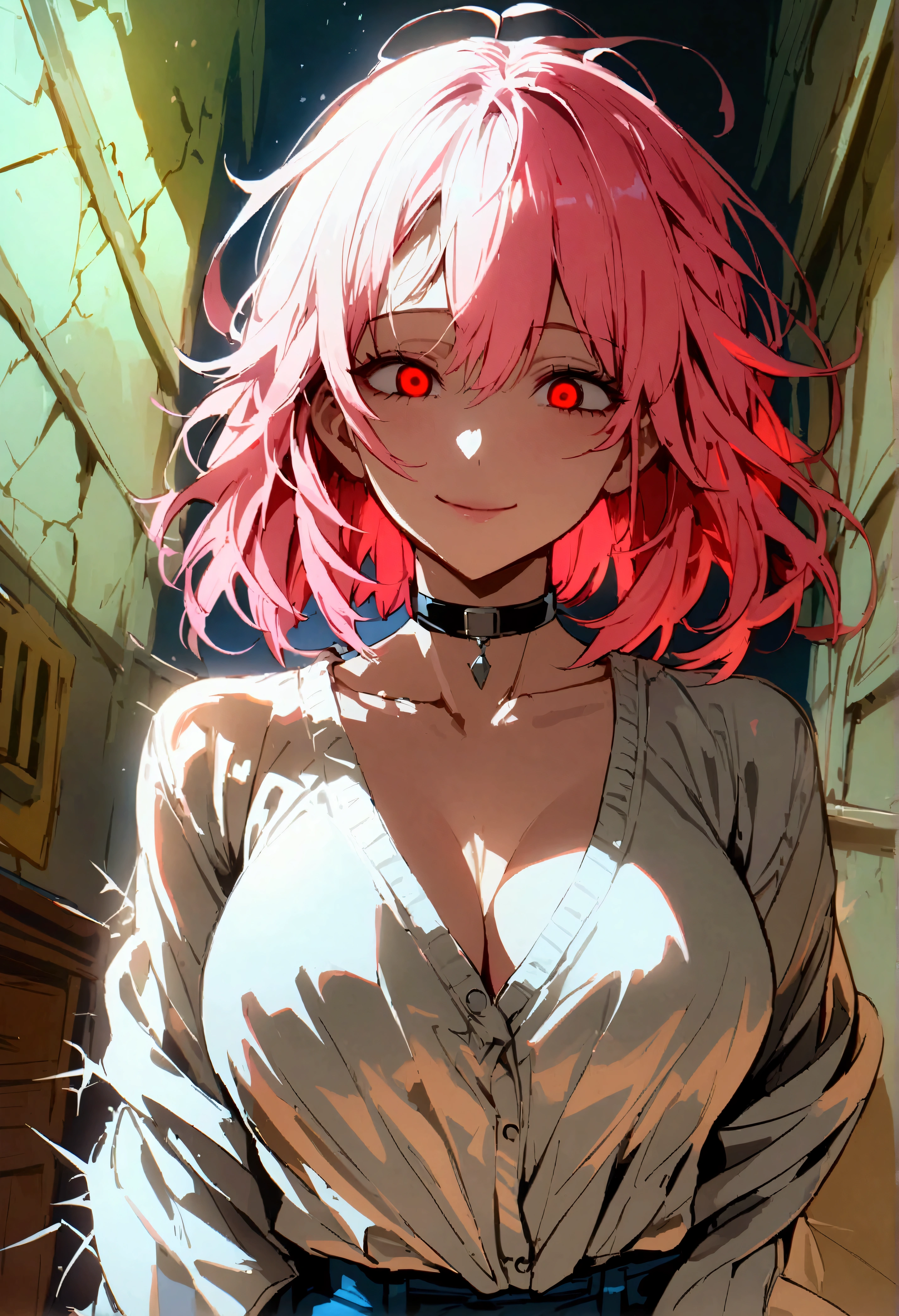 My wife Yuna、Pink hair、White cardigan、Black Shirt、Denim skirt、mini skirt、Red eyes with cracked collarbone、Large Breasts、Black choker、(Head tilt:0.8)、smile、Arms folded behind back、Old room、ヤメロYandere、pupils are closed、Yandere、Hollow Eyes、Shadowy Face、Crazy Eyes、Glowing Eyes、狂ったsmile、dark