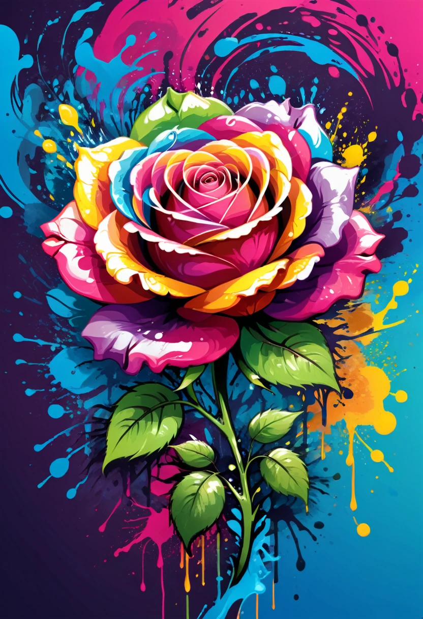 A logo with vector art of a colorful rose illustration, At the center, swirly vibrant colors, paint splashes and smears, high détail,Hawaii Background
(artwork, best quality, proffesional, perfect composition, very aesthetic, absurdrez, super verbose, Intricate details:1.3)