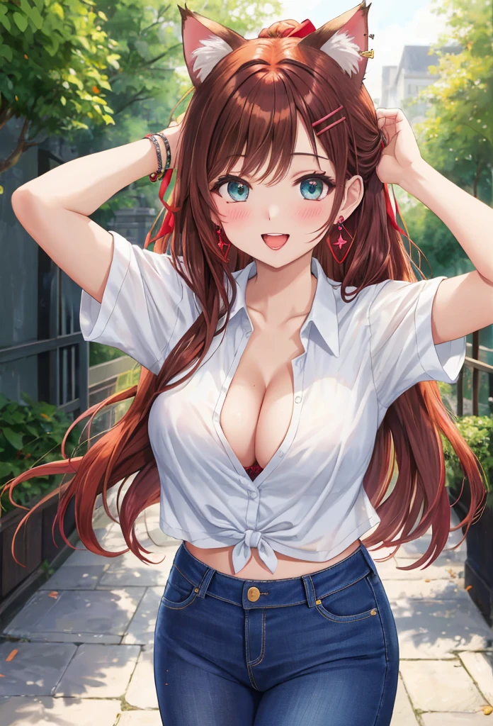 1 beautiful girl posing for photo, anime girl, dynamic poses, (20 year old girl:1.3), (aged up), city, garden, flowering trees, jeans, white tied shirt, cleavage, Low-cut chest, big rounds breadsts, midriff, (lace bra:0.8), jewelry, dark brown hair, bangs, long hair, 1 ponytail, wavy hair, expressive hair, shiny hair, hairclip, red hair ribbon, cat hair ornament, wince, aqua eyes, glowing eyes, earrings, cat ears, kemonomimi mode, smile, open mouth, glossy lips, blush, tongue, bright pupils, happy, upper teeth, detailed face, perfect body, high detail, anime, dithering, image fill, anime CG style, outside border, border, first-person view, panorama, perspective, good lighting, Wide-Angle, f/1.8, 85mm, Sony FE GM, 8k, super detail, highres, UHD, retina, masterpiece, accurate, anatomically correct, best quality