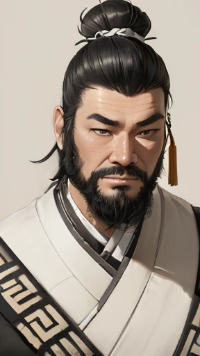 Monochrome,Oriental、Men in ancient Chinese costumes、(ancient chinese hairstyle male)、As seen in the Romance of the Three Kingdoms々military commander、Highest quality、masterpiece、Ultra-high resolution、(Realistic:1.4)、Game Poster、Crisp and beautiful image quality、beard、Embroidered cloth wrapped around a topknot、whole body ,((Skin of color, ),(Heavy Blackbeard):1.2), ( (Very detailed, bloom:1.5), (Highest quality, Concept Art, 4K), (analog:1.2), (high sharpness), (Detailed pupil:1.1), (Painting:1.1), (digital Painting:1.1), Detailed face and eyes, masterpiece, Highest quality, (Very detailed写真:1.1), 8K, photoRealistic, (Black Hair, Dynamic Short Hair), (PurerosFace_v1:0.2), [:(Detailed face:1.2):0.2], sharp, Realistic, Realistic Shadow, 