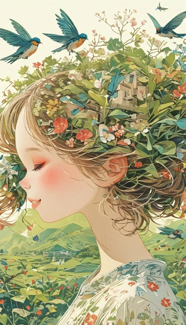Leaf hair girl、front、Upper Body、Masterpiece、Highest quality、smile、Cherry blossom petals、Lots of butterflies々Fluttering