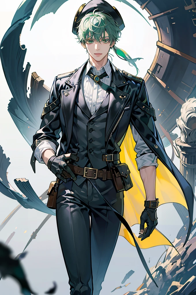 light green hair, short hair, cool, light green eyes, tall, cowboy shot, looking at viewer, masterpiece, facing viewer, right hand, hair between eyes, mature male, leyered sleeves, black jacket, solo, black gloves, fingerless gloves, leather gloves, grey pants, medium pants, black jacket, long jacket, standing, leather boots, hand on hip, fantasy, white background, light smile, pirate costume, pirate hat, white shirt, medium shirt, collared shirt, messy hair, wind, holding rifle, tan, belt pouch, muscular, goggles around neck,