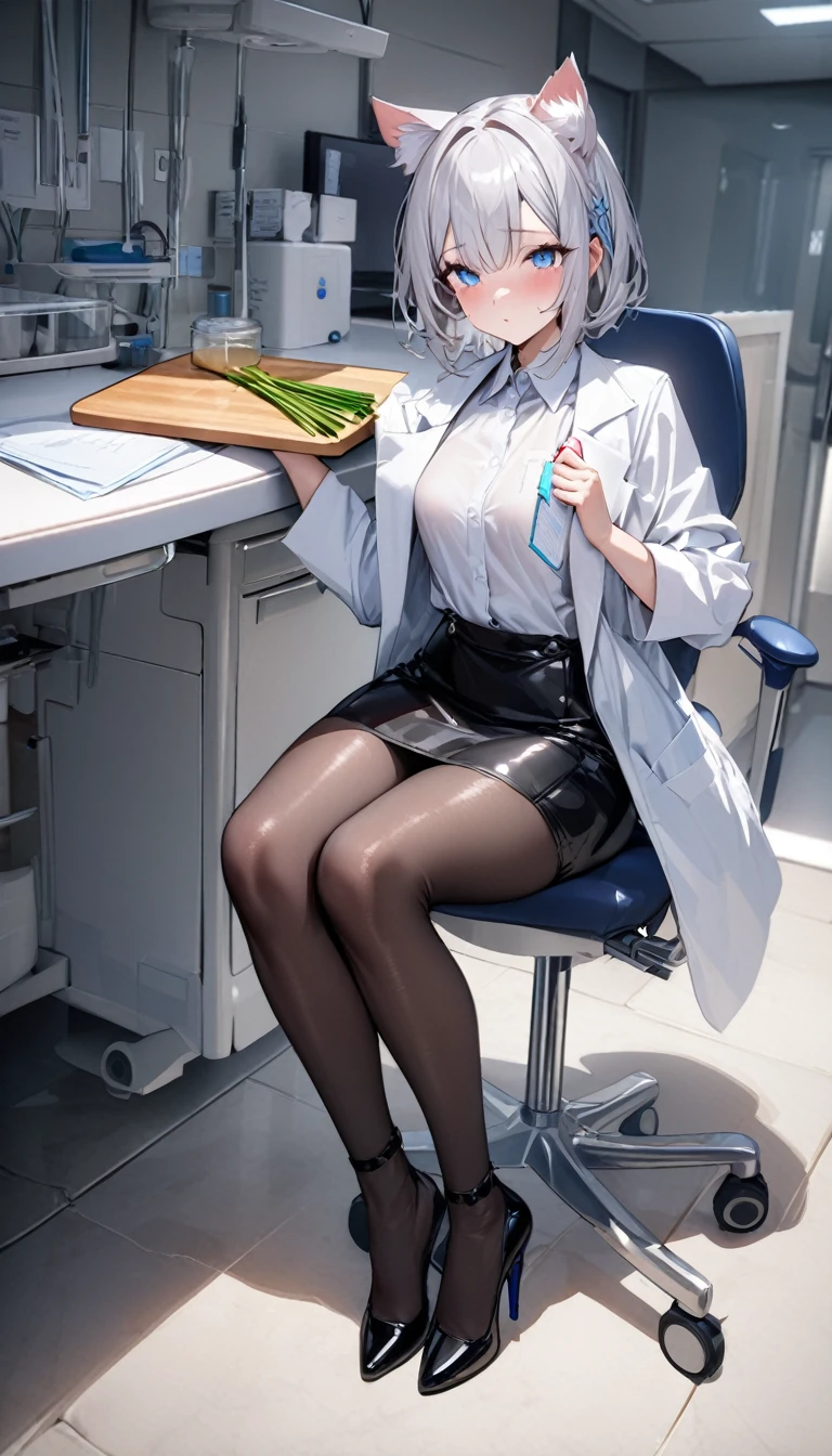 (nup, lab coat:1.2)、1girl、(((best quality)), ((masterpiece)), (details), masterpiece, best quality, high quality, ulutra detailed, perfect face, ((1girl, blue eyes, cat ears: 1.3 silver bob hair: 2.5,))、Shiny Hair、Glowing Skin、blush、Lustful look、White、White shirt、Black tight skirt、Black Stockings、High heels、Sit on a chair、valley、Small breasts、Holding a cutting board、Holding a pen、Hospital examination room、whole body、