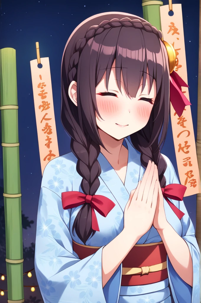 alone, One girl、Crown braids in the same color as your hair, hair ornaments, Hair Ribbon,(A light blue kimono with a red floral pattern and a red obi.)、Red Eyes、Black Hair、(blush:1.4)、(I close my eyes and pray:1.4)、Larger breasts、(Looking at the Tanabata bamboo decorations)、night