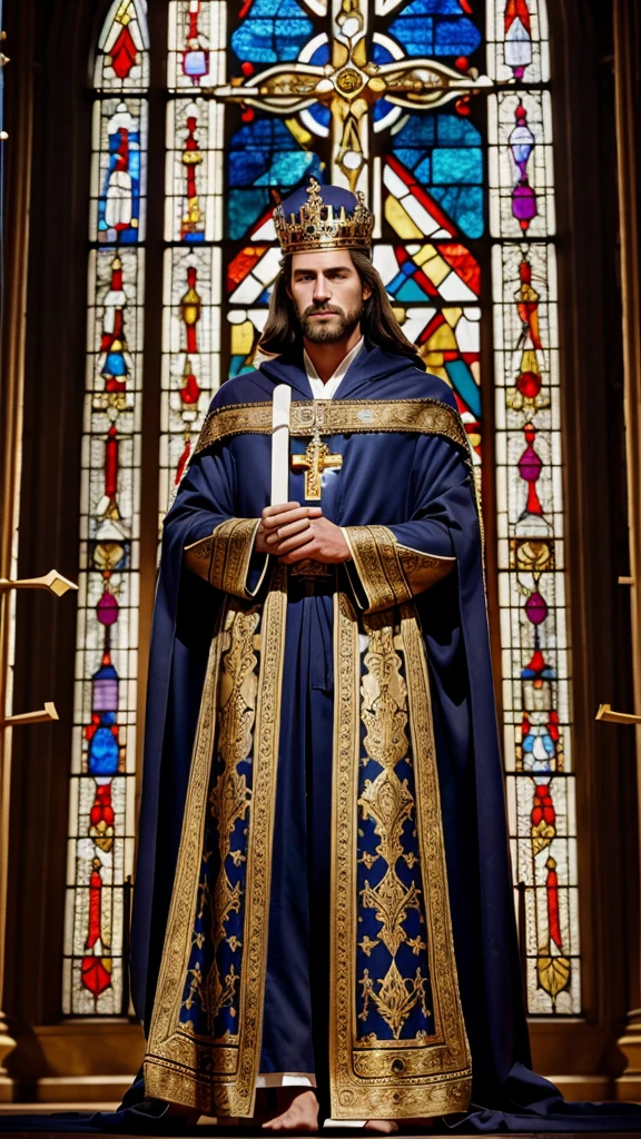 Create an image of a royal king dressed in luxurious robes with a crown adorned with Christian symbols such as the cross and a scepter. The background should feature grand cathedrals and stained glass windows.