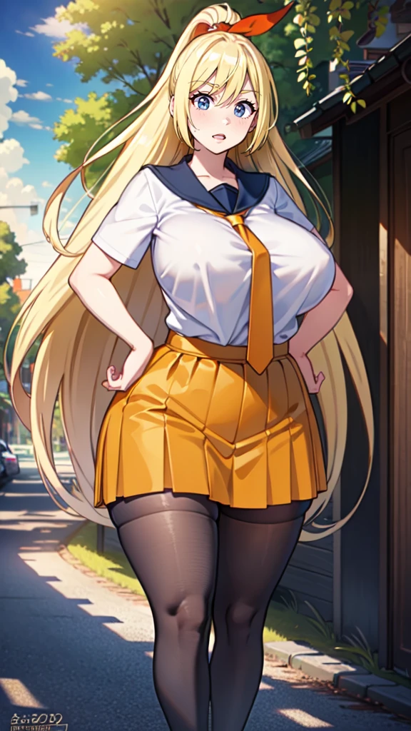 ((masterpiece)), (best quality: 1.7), (detailed: 1.4), (high resolution: 1.4), 8k, (colorful: 1.5), high resolution, sharp image, 4k, hd, (beautiful detailed background: 1.2 ), (beautiful lighting: 1.2), (highly detailed: 1.2), perfect lighting, (8k wallpaper: 1.2), (highly detailed: 1.2), (extremely detailed CG :1.2), 2d, ((1girl)), alone , chitoge, blonde hair, ((long hair)), ponytail, (high ponytail), blue eyes, (blush), happy happy, white shirt, ((orange tie)), blue skirt, pleated skirt, black thigh highs, sailor collar, ((red ribbon)), hair band, school, (sakura trees), (leaves), (trees), sky, (blue sky), clouds, ((street)), ((standing)), ( ( hands on hips)), ((huge breasts)), (very curvy body), (((day))) , (((bright eyes))), ((huge, wide, fat hips))