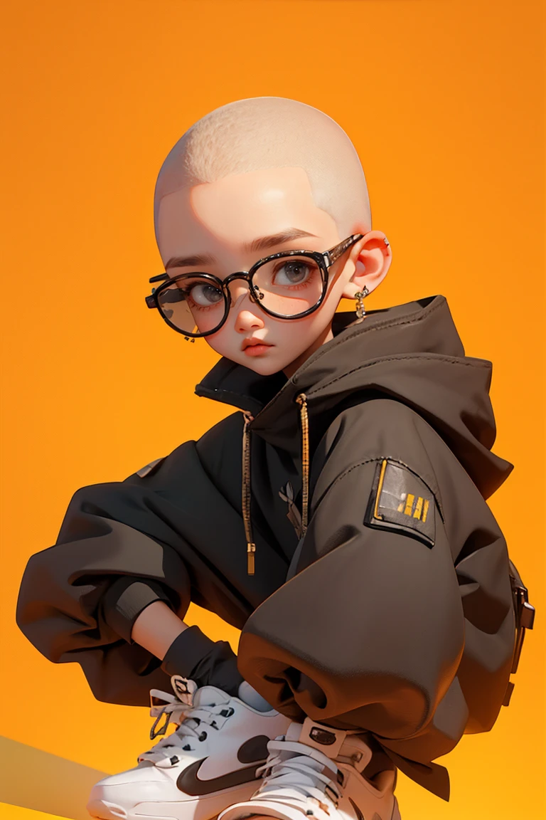 Blind Box,Simple Background,Extraordinary wide portrait of microscopic unknown little small クール cyberpunk alien species over orange tech style of high tech fashion professional photography, 8K, White Blonde Hair,Shaved head,Boy with futuristic glasses,Black jacket,Crouching