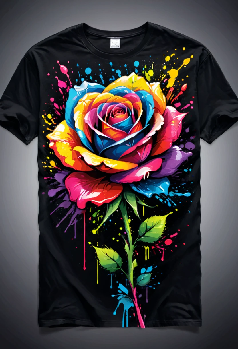 A t-shirt with vector art of a colorful rose illustration, At the center, swirly vibrant colors, paint splashes and smears, high détail,black backdrop
(artwork, best quality, proffesional, perfect composition, very aesthetic, absurdrez, super verbose, Intricate details:1.3)