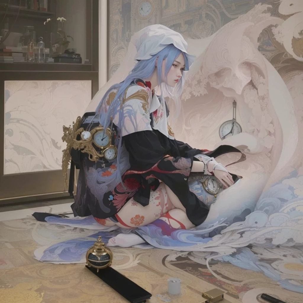 There is a woman sitting on a chair with a clock on it., James Jean and Urop, Inspired by Otake's bamboo leaves, James Jean and Petra Cortright, Krentz Kuschaert and Wenjun Lin, Makoto Kobayashi, Anime girl crouching, Inspired by Yanjun Chen, Sakimi-chan Frank Franzeta