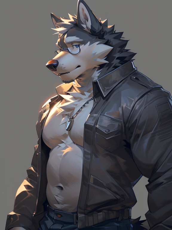 Solo, male, albino fox, in one color tone, with long ears, half shirt, navel showing, in jeans, flaccid penis through jeans zipper, chest, big chest view, ((focus body, furry focus, shades focus, body shades)) (((gray background, gray wallpaper, one color))), by darkgem, by mystikfox61, by glitter trap boy, albino, all white fur, red eyes, pink nose, navel, bulge, full body view, fox tail, no abs, flat belly
