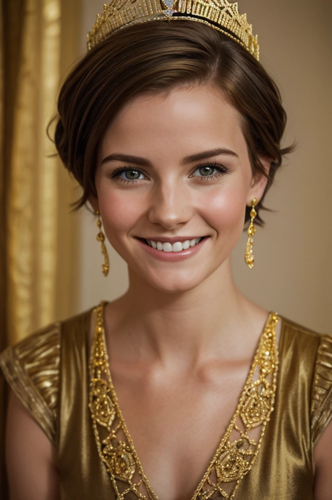 Portrait of Emma Myers with short hair and a smile and wearing a gold tiara