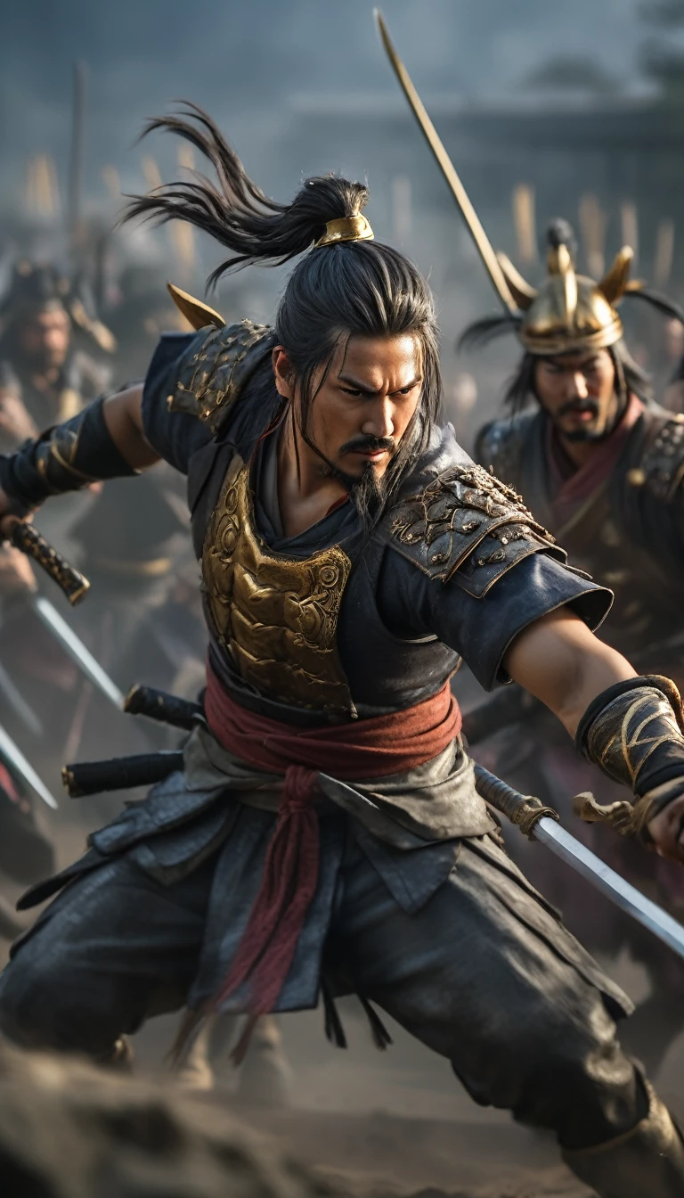 Hanzo Hatori leading a charge in a chaotic Sengoku-era battle., hyper realistic, ultra detailed hyper realistic, photorealistic, Studio Lighting, wearing a gold crown, reflections, dynamic pose, Cinematic, Color Grading, Photography, Shot on 50mm lens, Ultra-Wide Angle, Depth of Field, hyper-detailed, beautifully color, 8k