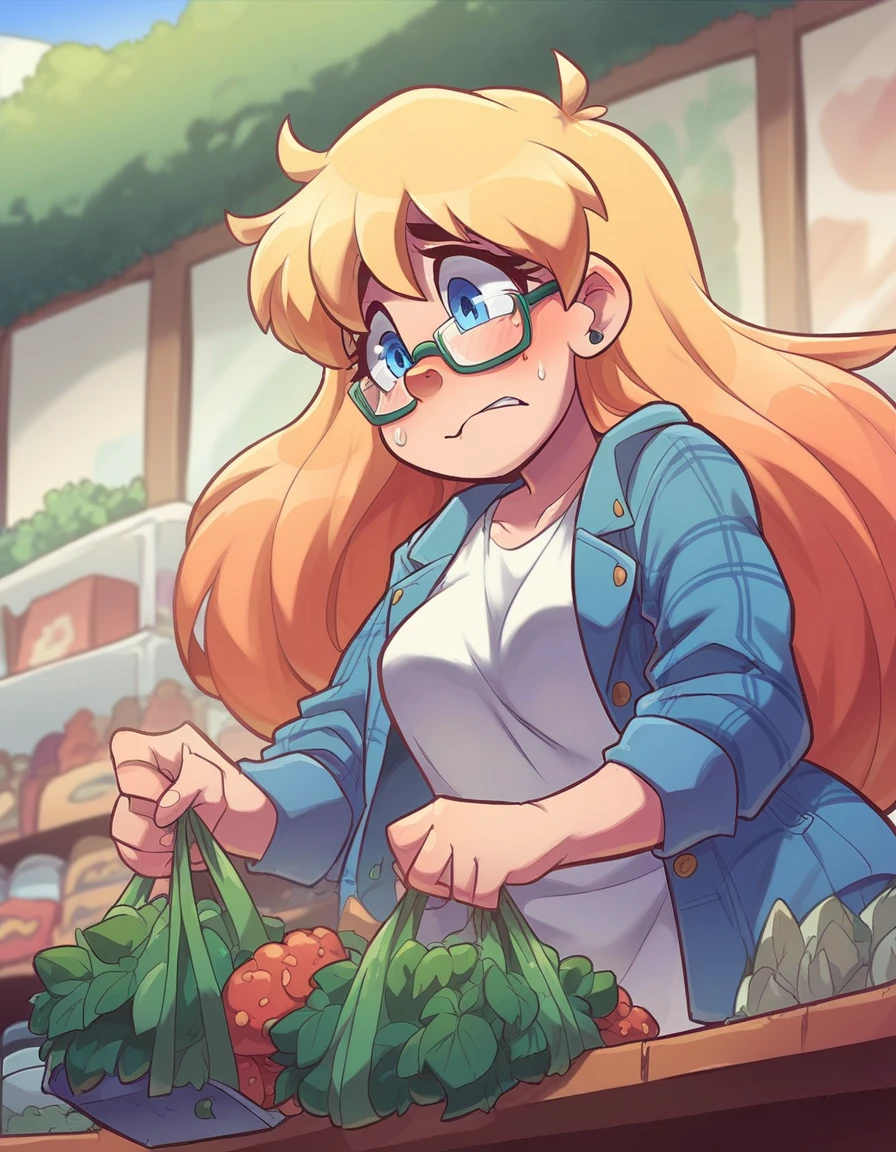 Ralph Bakshi Style, awkward curvy big-nose dirty-blonde with small_breasts and blue eyes with glasses and medium-long hair, plant shopping