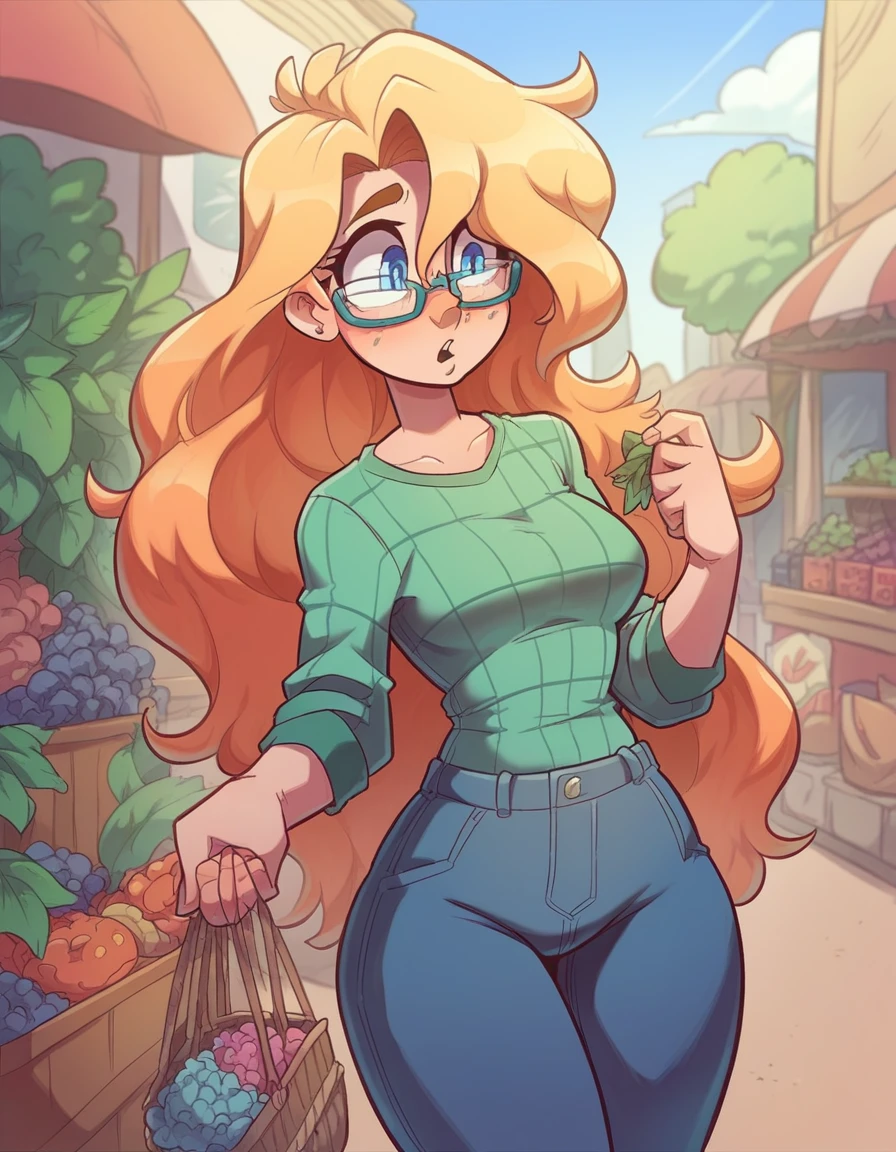 Ralph Bakshi Style, awkward curvy big-nose dirty-blonde with small_breasts and blue eyes with glasses and medium-long hair, plant shopping