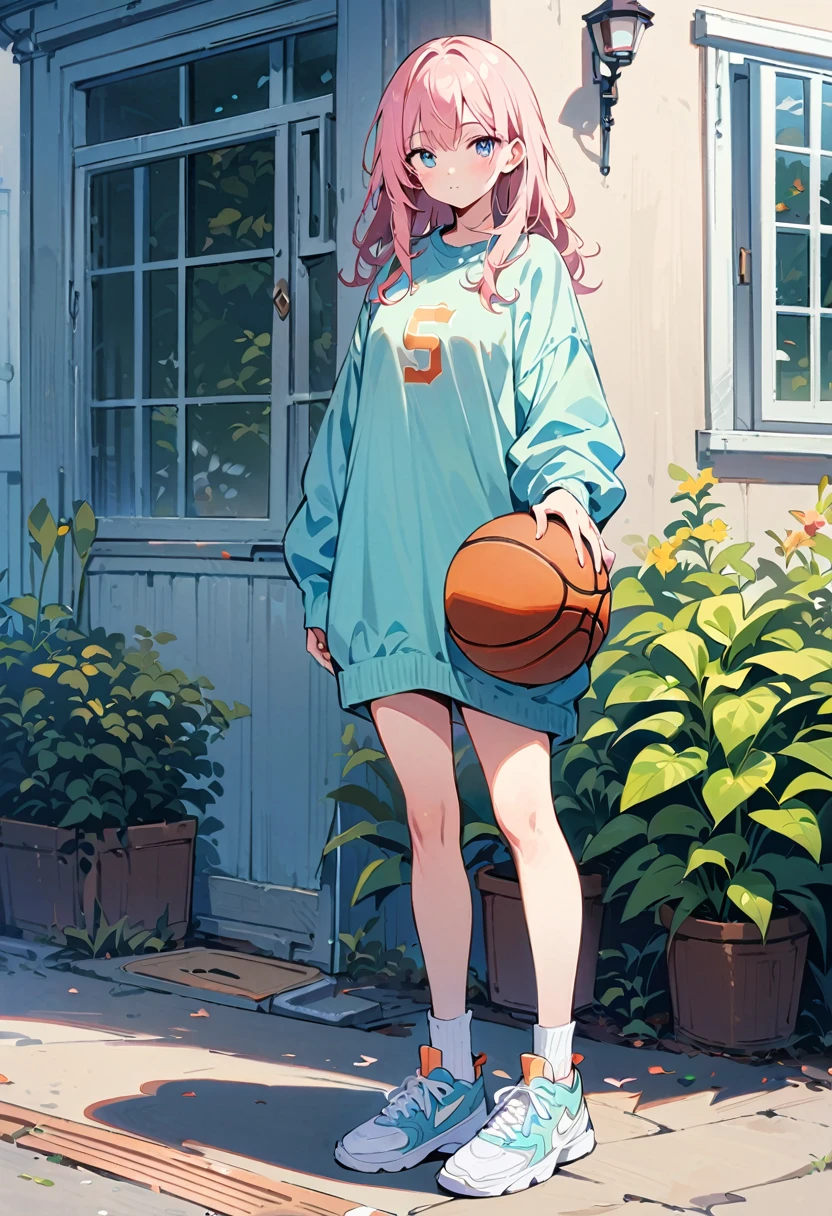 (masterpiece, Highest quality:1.2), 1 Girl, alone, , A loose fitting jumper, short, garden, basketball, basketballシューズ, Ankle socks, whole body, pastel colour