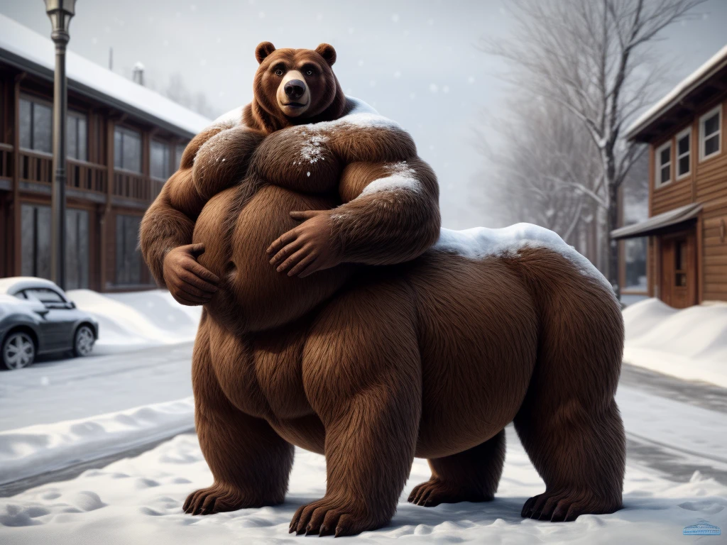 furry, fur taur, beartaur, middle-age, solo, detailed face, bear ears, bear eyes(brown), bear nose(black), bear mouth, garibaldi beard(white), mature hair(white), detailed arms, thick arms, muscular, thick hands(5 fingers), detailed body belly, thick body, muscle belly(brown), thick chest, chest hair(black), detailed taur body, thick taur body, thick bear paws, thick bear tail, full body shot, winter, snow, standing on the street road