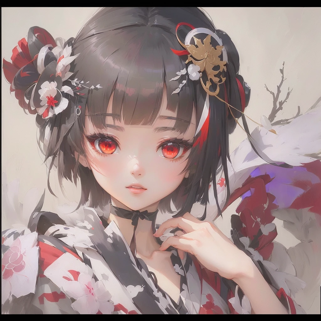 Anime girl with red eyes and black hair and ribbon, Gwaiz, artwork in the style of Gwaiz, Gwaiz on pixiv artstation, Gwaiz on artstation pixiv, onmyoji portrait, shikishi, Gwaiz masterpiece, onmyoji, Created by Anime Painter Studio