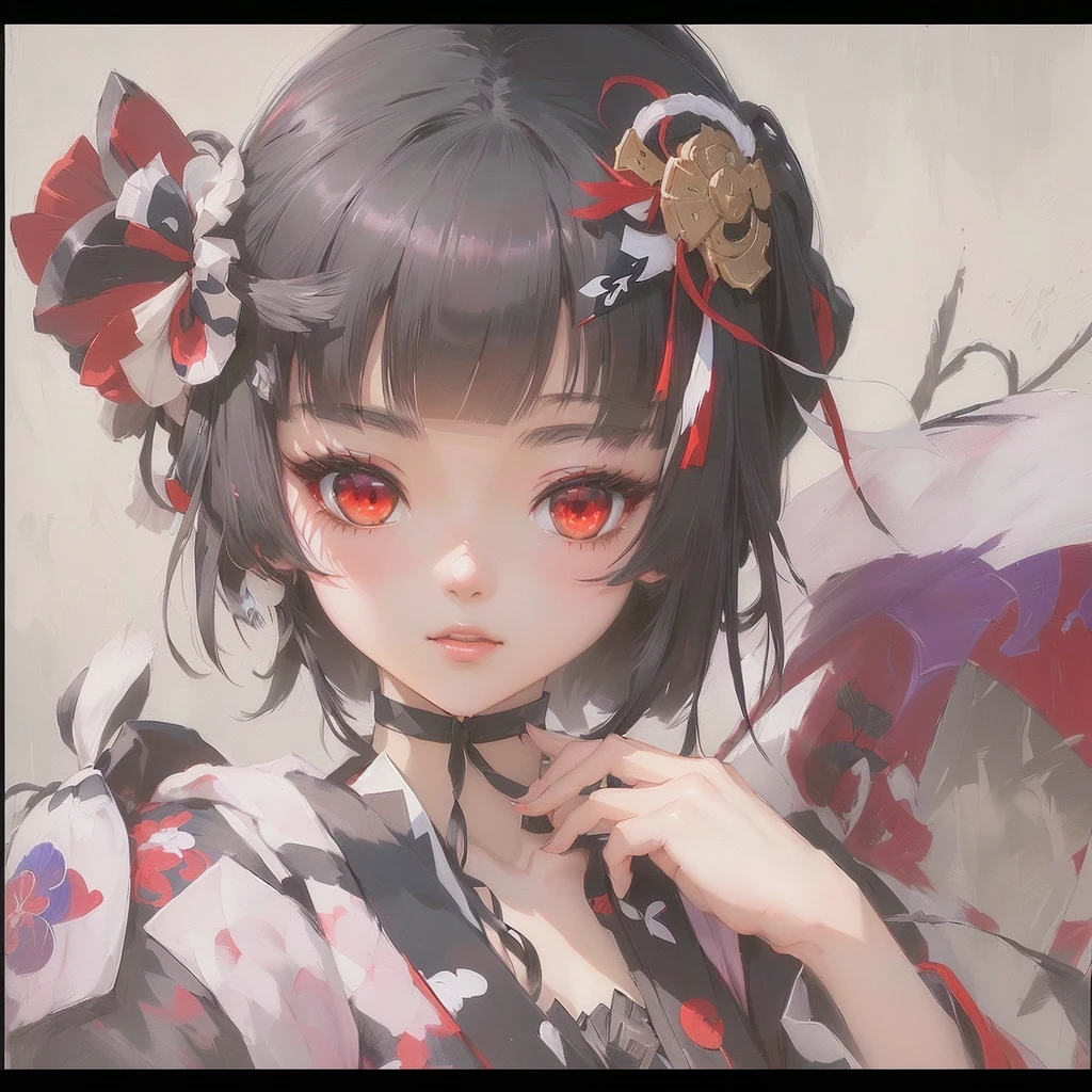 Anime girl with red eyes and black hair and ribbon, Gwaiz, artwork in the style of Gwaiz, Gwaiz on pixiv artstation, Gwaiz on artstation pixiv, onmyoji portrait, shikishi, Gwaiz masterpiece, onmyoji, Created by Anime Painter Studio