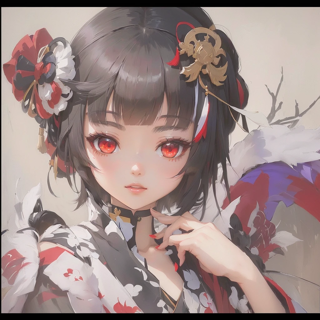 Anime girl with red eyes and black hair and ribbon, Gwaiz, artwork in the style of Gwaiz, Gwaiz on pixiv artstation, Gwaiz on artstation pixiv, onmyoji portrait, shikishi, Gwaiz masterpiece, onmyoji, Created by Anime Painter Studio