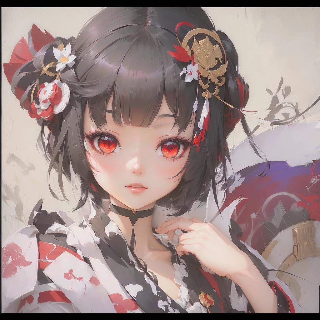 Anime girl with red eyes and black hair and ribbon, Gwaiz, artwork in the style of Gwaiz, Gwaiz on pixiv artstation, Gwaiz on artstation pixiv, onmyoji portrait, shikishi, Gwaiz masterpiece, onmyoji, Created by Anime Painter Studio