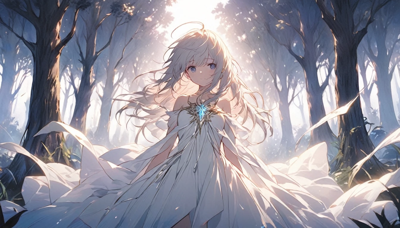 An anime girl standing alone in a dimly lit forest at dawn, with the first light of morning filtering through the trees. She has a determined expression on her face, symbolizing her resolve to break free from the deceit and lies. The forest is shrouded in mist, with shadows receding as the light breaks through, symbolizing the unveiling of truth. Around her, the remnants of a fantasy world are fading away, represented by ethereal, fading illusions. The background features tall trees and a narrow path leading forward, symbolizing her journey towards new beginnings. The atmosphere is filled with a sense of liberation and empowerment, with soft, natural lighting enhancing her resolve and the emotional transition from darkness to hope.
