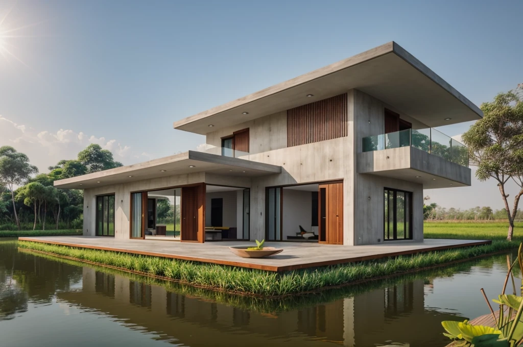 Modern small house located in the lotus pond in Vietnam, minimalist, gray and wooden concrete walls, facing the lotus pond, many lotus flowers blooming, around the house is water with lotus flowers blooming, corona rendering, 3ds max, wide view, sunny sky, afternoon environment,  Sunshine Cinema, Natural Light