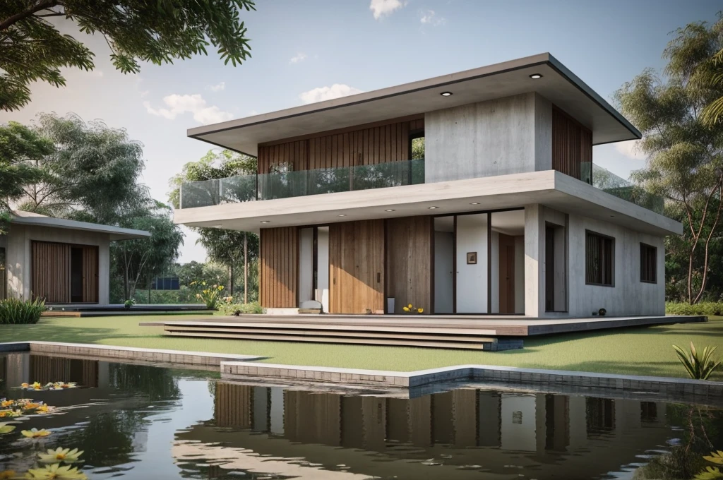 Modern small house located in the lotus pond in Vietnam, minimalist, gray and wooden concrete walls, facing the lotus pond, many lotus flowers blooming, around the house is water with lotus flowers blooming, corona rendering, 3ds max, wide view, sunny sky, afternoon environment, Sunshine Cinema, Natural Light