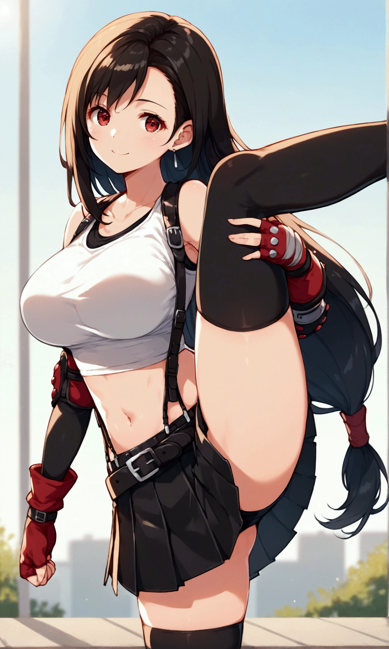 score_9, score_8_up, score_7_up,,BREAK , ,dynamicangle,,,,standing, ,,,Solo ,1girl, tifa lockhart, final fantasy, tareme,black hair, low-tied long hair, red eyes, bangs, (white tank top, belt, pleated skirt, thighhighs, elbow fingerless gloves, elbow pads, midriff, navel,suspender skirt) ,(large_),(light smile),Balancing,(Lifting a kick:1.3),daytime,outdoor,(ultra detailed),(best quality),(aesthetic,very aesthetic),UHD,extremely detailed CG unity 8k wallpaper,anime,depth of field,,(motion line,) 　　