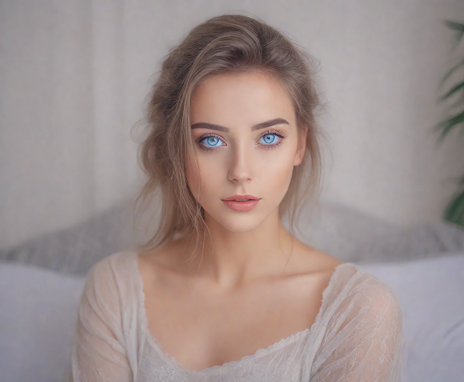 Arafed woman with blue eyes sitting on a bed in a bedroom., foto de una beautiful woman, soft portrait 8k, beautiful face portrait, portrait of a beautiful model, Attractive woman, stunning portrait, beautiful attractive face, beautiful woman, beautiful model, magnificent portrait, beautiful model femenina, beautiful young woman, Beautiful female portrait, attractive girl